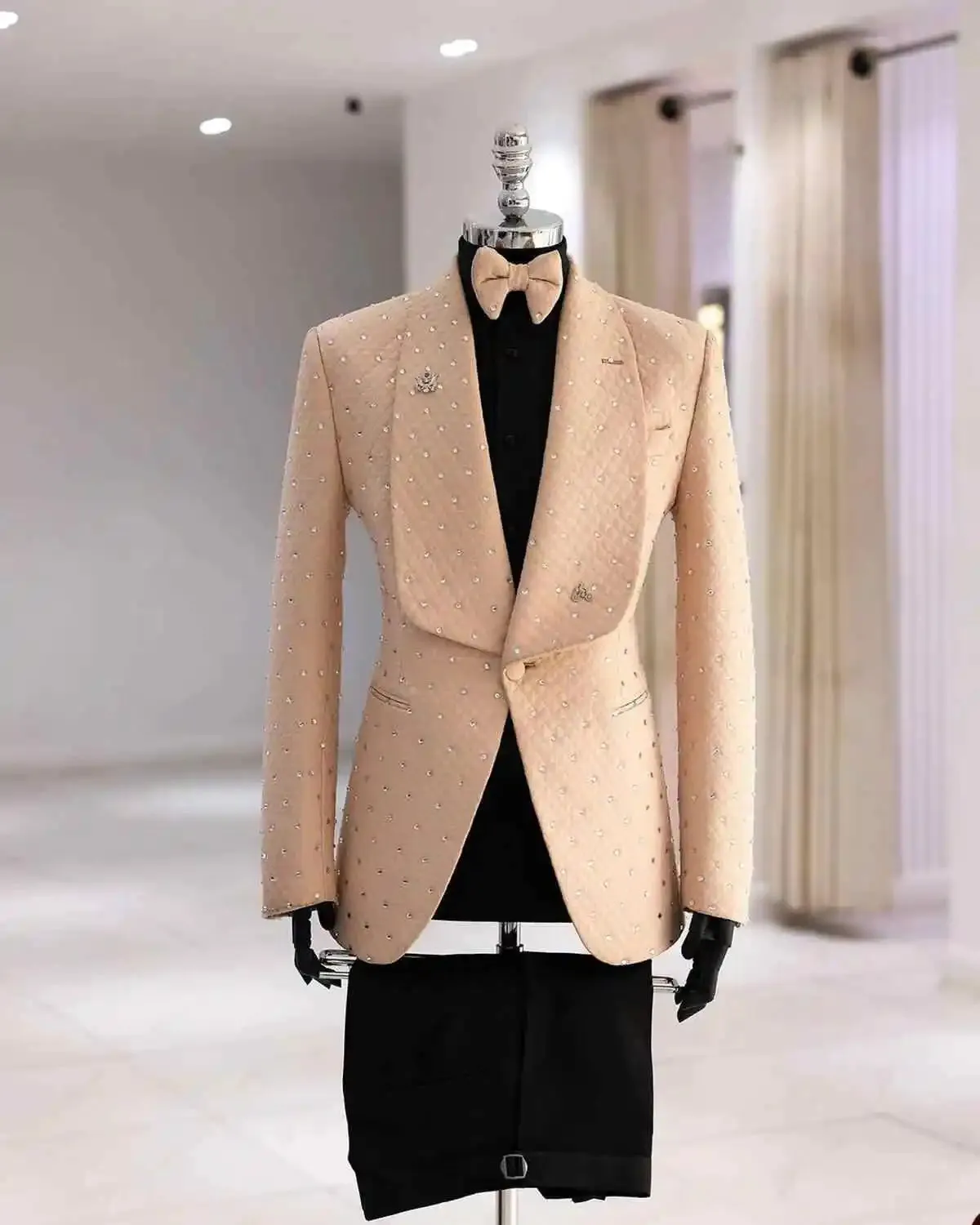 Aidase 2 Pieces Men's Suits Tailored Beads Blazer Shawl Lapel Pants One Button Pockets Party Formal Coat Suit Custom Made Plus Size Fit