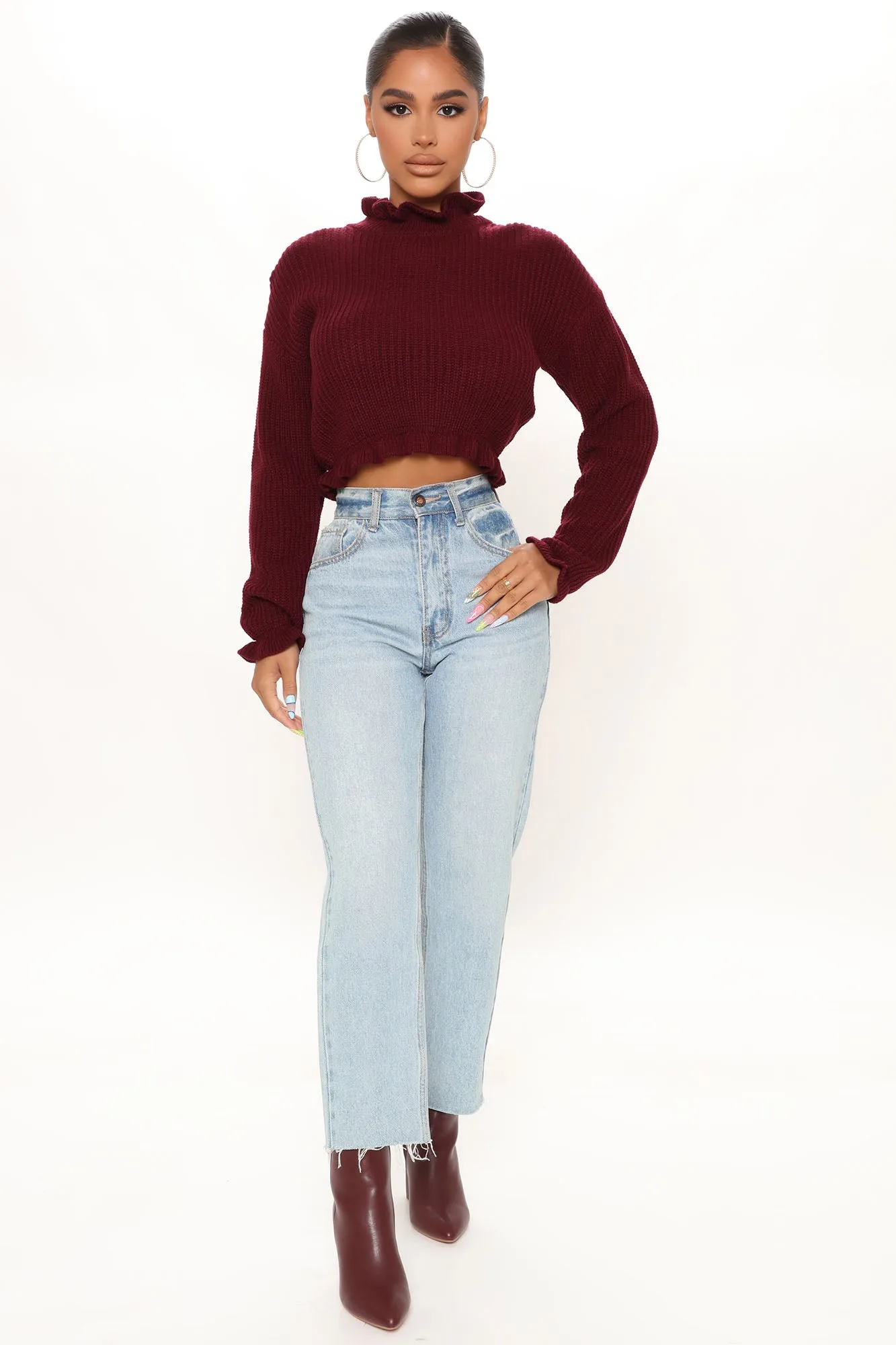 All To Myself Cropped Sweater - Burgundy