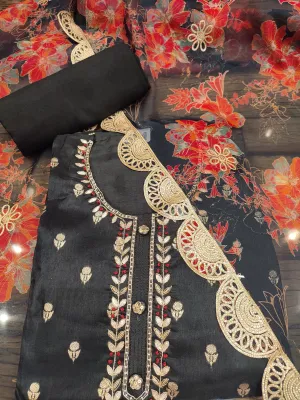 Black Silk Semi-Stitch Suit With Gota Patti, Dabka Handwork