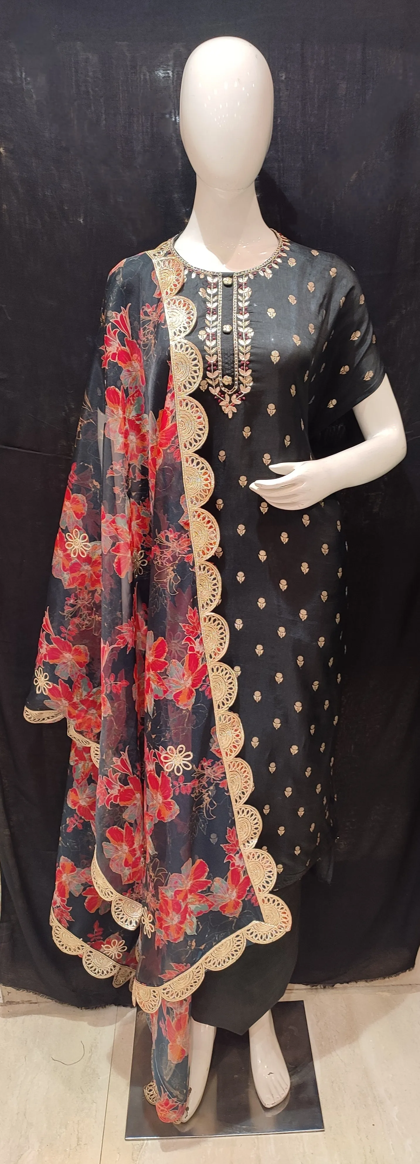 Black Silk Semi-Stitch Suit With Gota Patti, Dabka Handwork