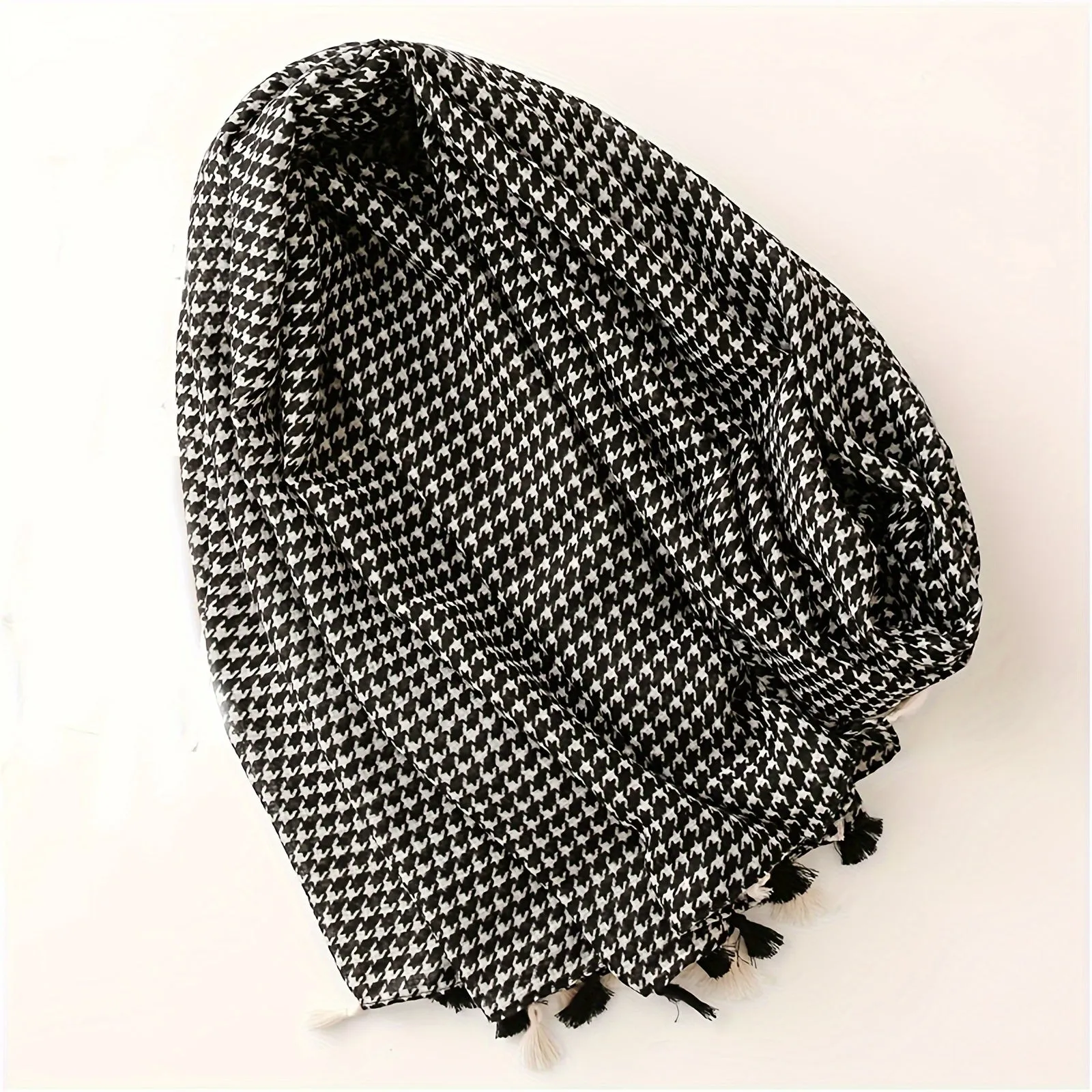 Black White Houndstooth Scarf Thin Breathable Tassel Shawl Casual Windproof Travel Scarf For Women