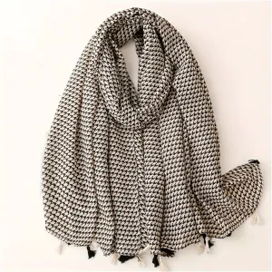 Black White Houndstooth Scarf Thin Breathable Tassel Shawl Casual Windproof Travel Scarf For Women