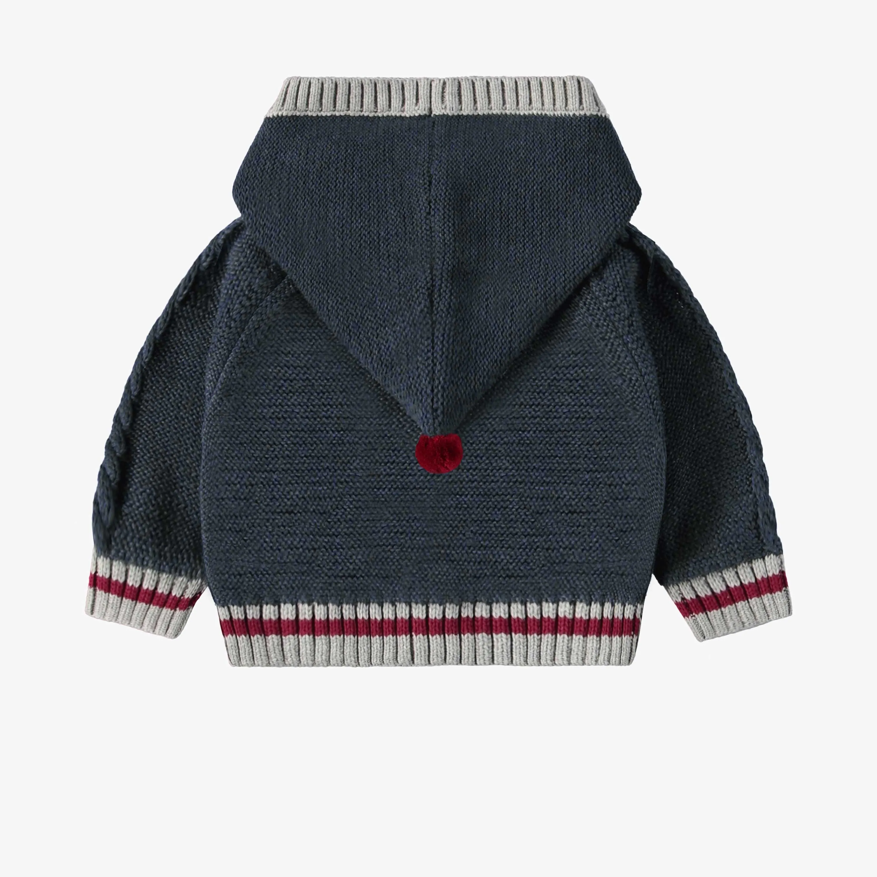 Cardigan en tricot marine-gris effet bas de laine avec capuchon, naissance || Navy gray knit cardigan with wool socks effect and hood, newborn