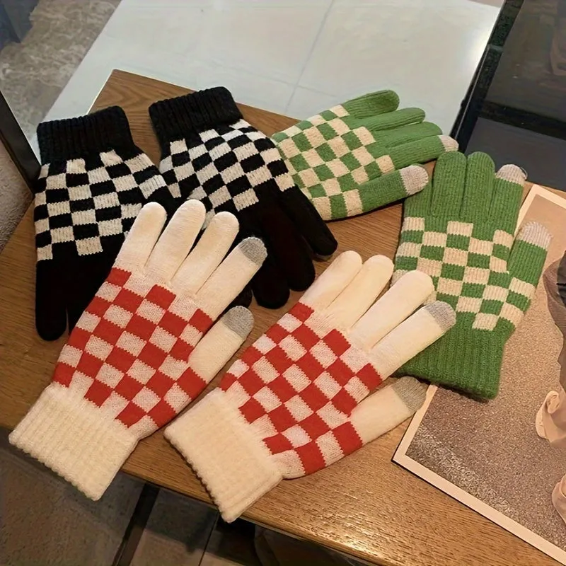 Checkerboard Pattern Knitting Gloves, Full Finger Winter Windproof Warm Gloves, Women's Stretchy Sports Gloves For Cycling Driving