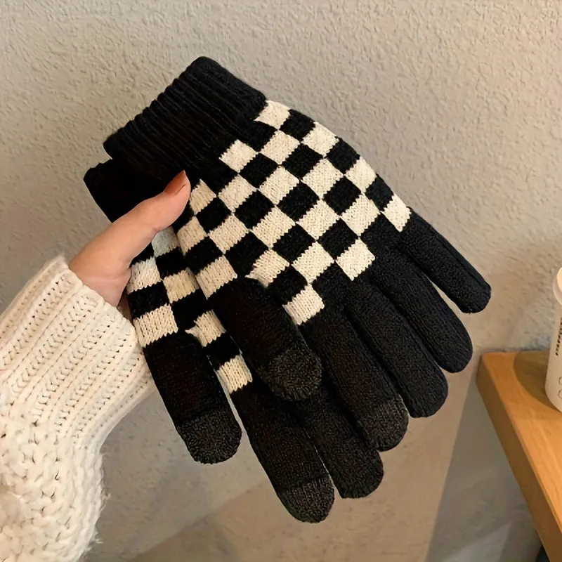 Checkerboard Pattern Knitting Gloves, Full Finger Winter Windproof Warm Gloves, Women's Stretchy Sports Gloves For Cycling Driving