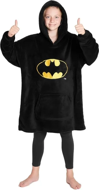 DC Comics Batman Oversized Hoodie Blanket Kids and Teens Fleece Hoodie Super Soft Fluffy Blanket Hoodie Official Merchandise Gifts for Boys (Black)