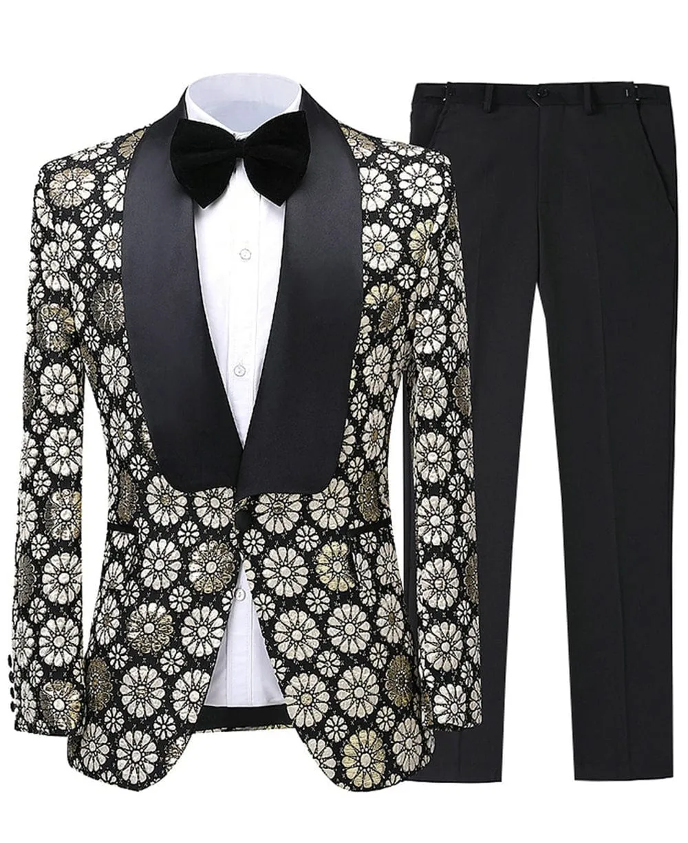 Flower Patterned Tuxedos Shawl Lapel 2 Pieces Mens Suit (Blazer Pants)