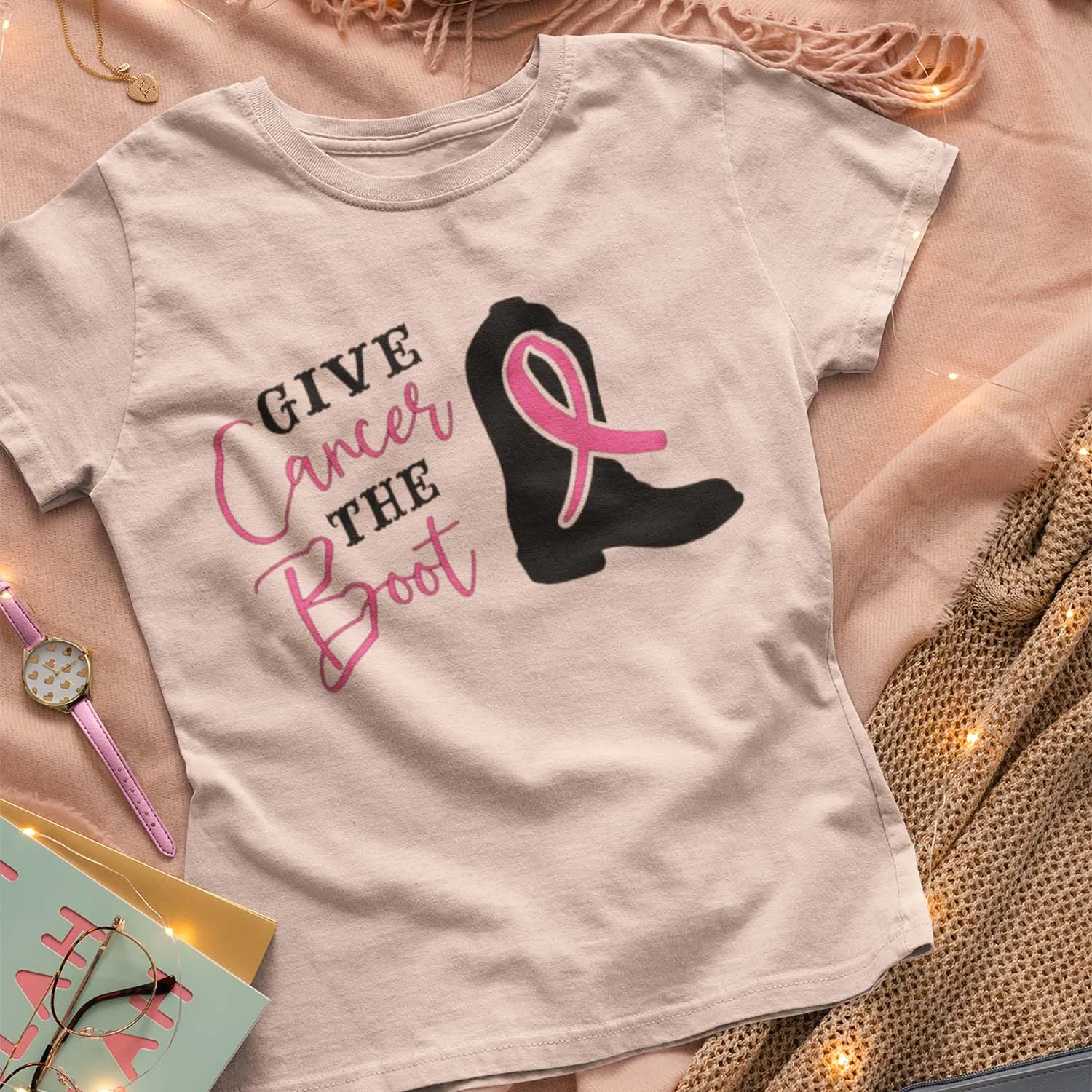 Give Cancer The Boot T-Shirt, Cancer Survivor Tee, All Ribbons, 50  T-Shirt Colors, Cancer Awareness Shirts