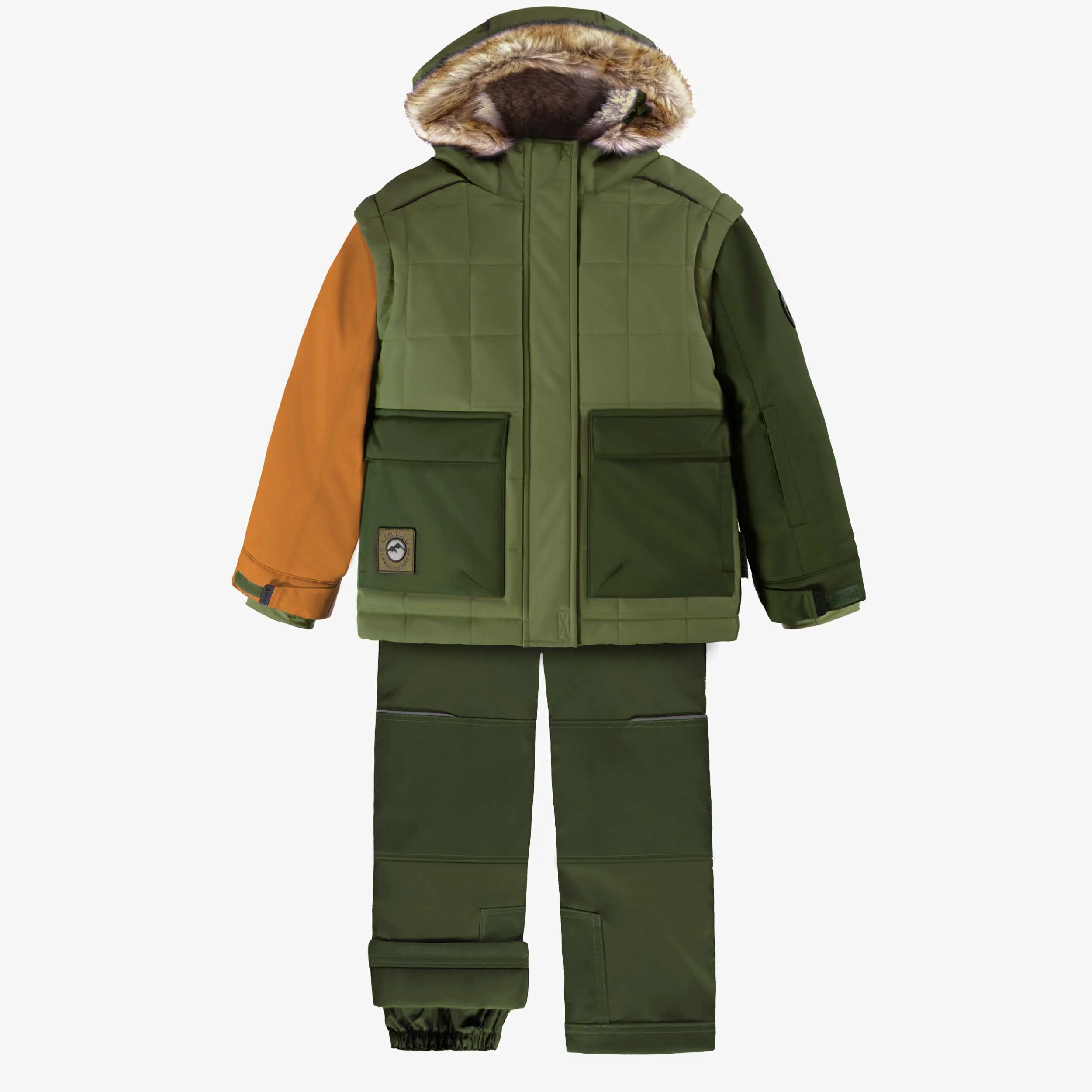 Habit de neige deux pièces vert et orange, enfant || Two-piece green and orange snowsuit, child