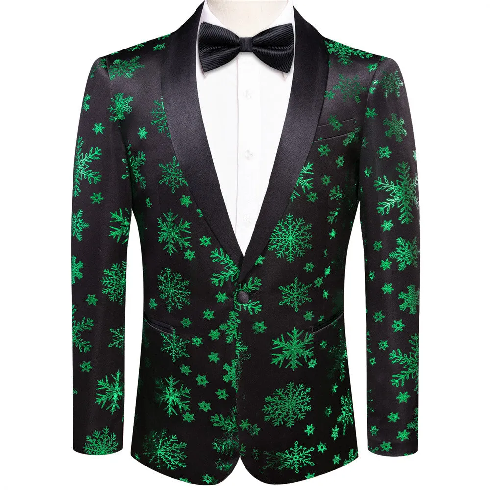 Hi-Tie Mens Silk Suit Black Green Snow Christmas Festival Suit for Men