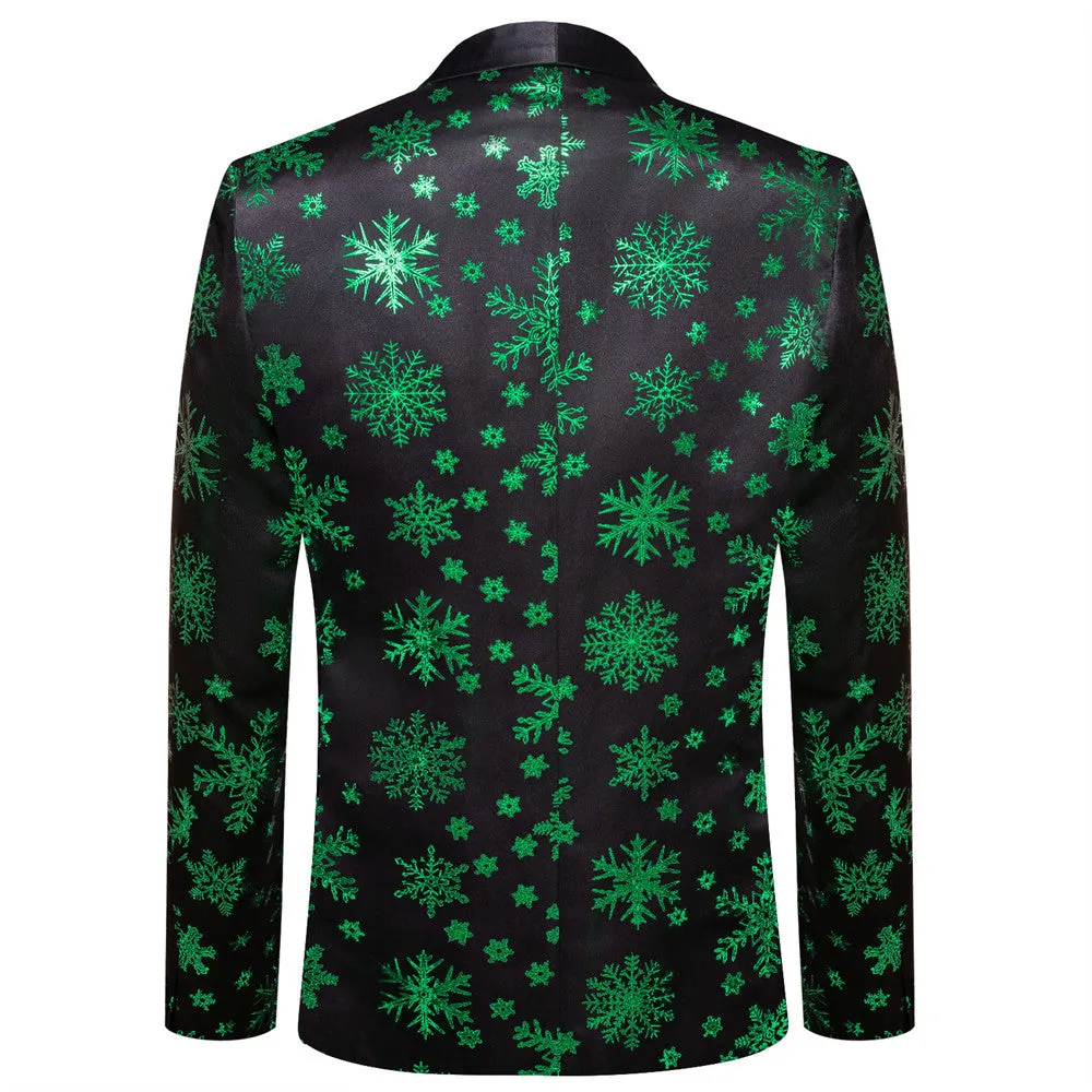 Hi-Tie Mens Silk Suit Black Green Snow Christmas Festival Suit for Men