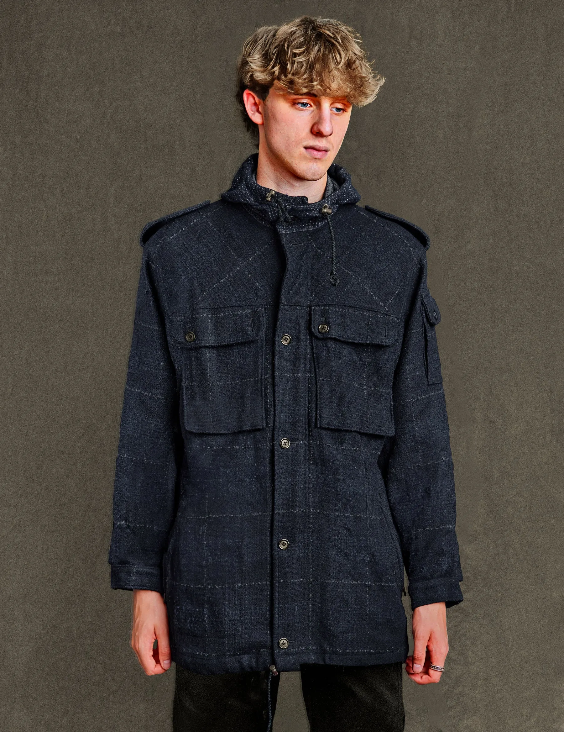 IMMORTAL Windowpane Check Woollen Parka in Navy