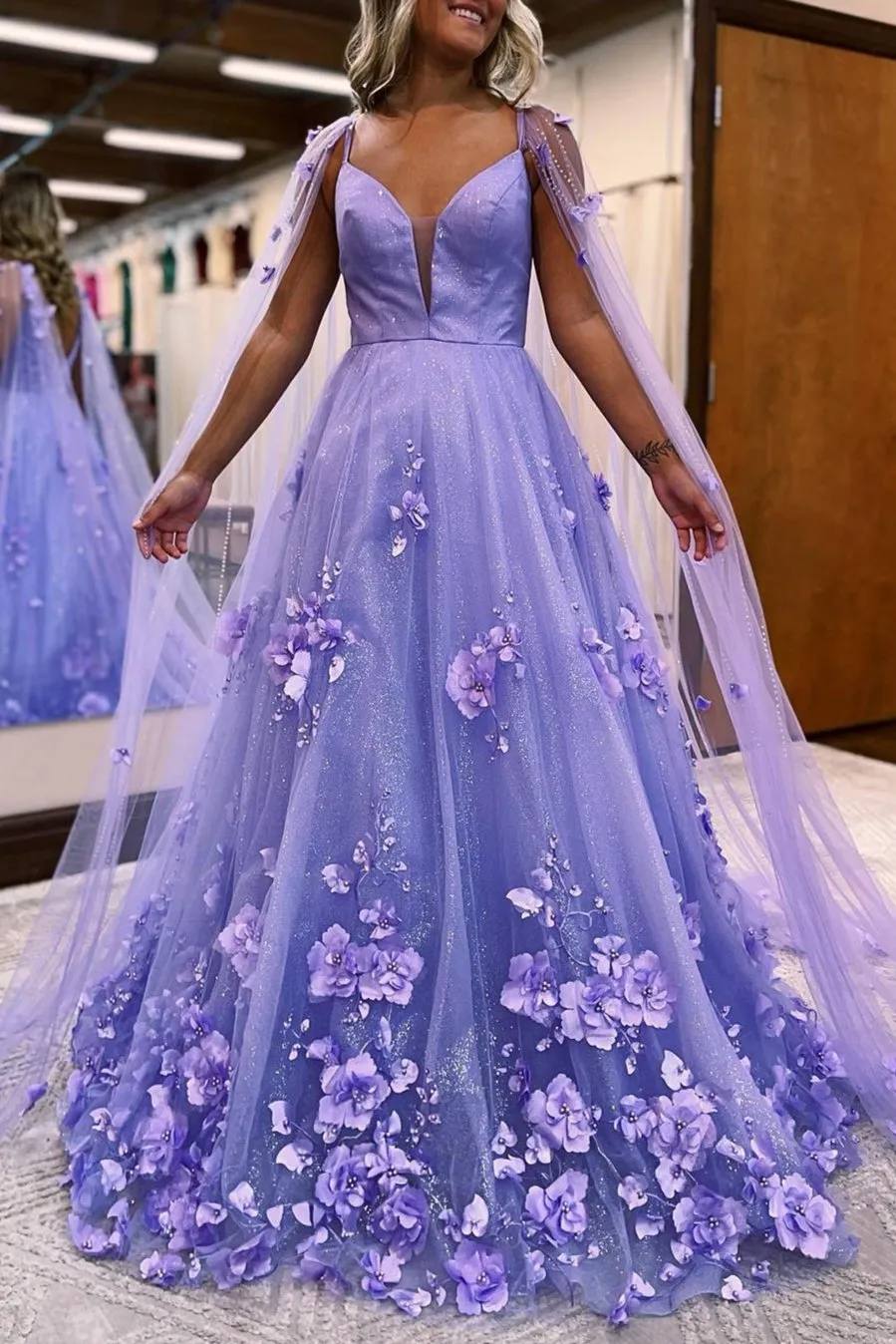 Lavender 3D Floral Lace A-Line Prom Dress with Cape Sleeves