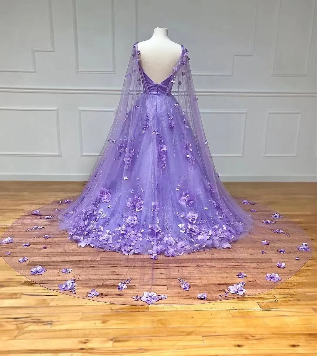 Lavender 3D Floral Lace A-Line Prom Dress with Cape Sleeves