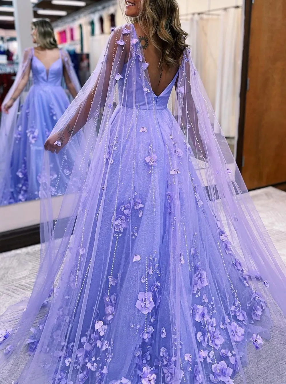 Lavender 3D Floral Lace A-Line Prom Dress with Cape Sleeves