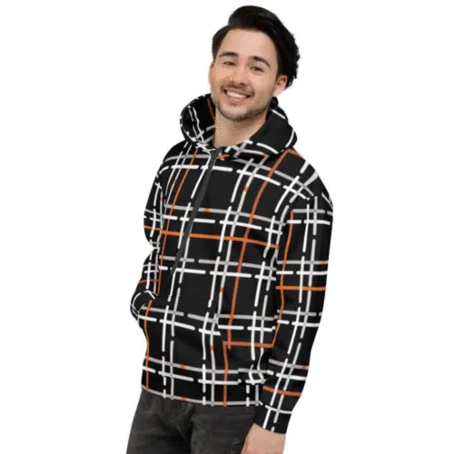 Mens Hoodies, Black and Orange Tartan Style Hooded Shirt