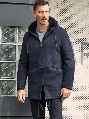 Men's Leather Jacket Long Winter Outwear Warm Wool Overcoat Hooded Sheepskin Parkas