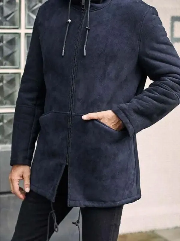 Men's Leather Jacket Long Winter Outwear Warm Wool Overcoat Hooded Sheepskin Parkas