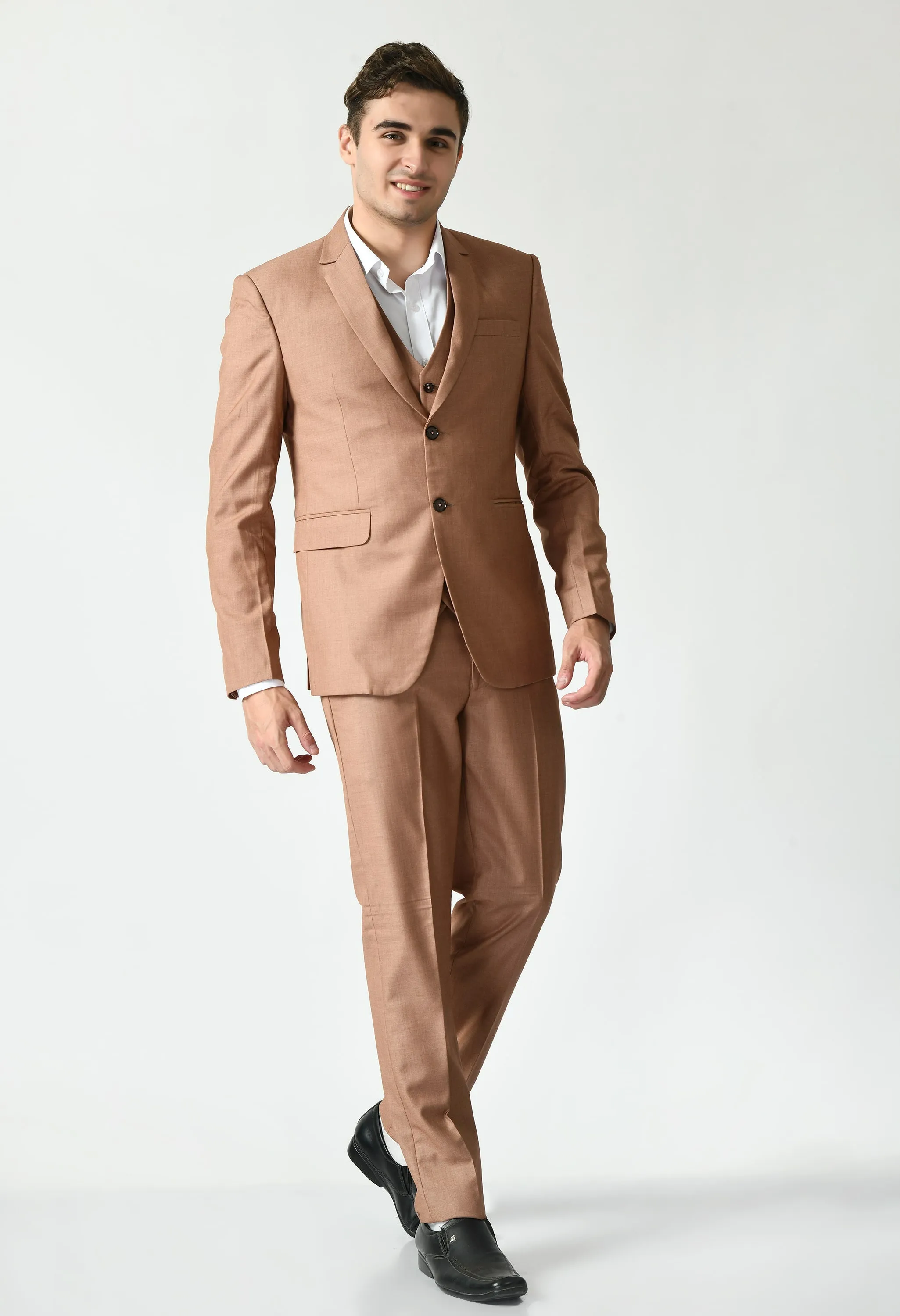 Peach Solid Knitted Slim Fit Suit