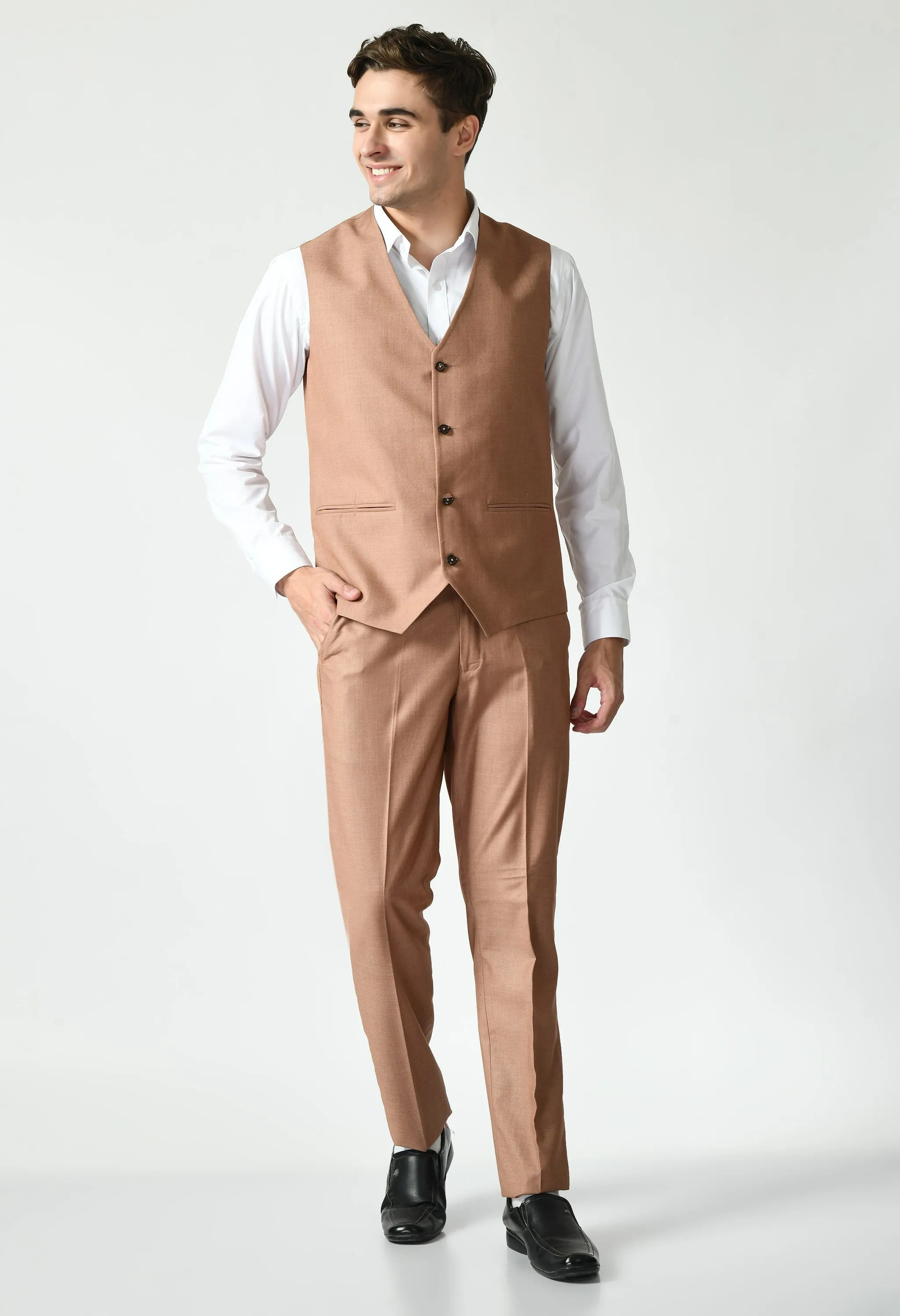 Peach Solid Knitted Slim Fit Suit