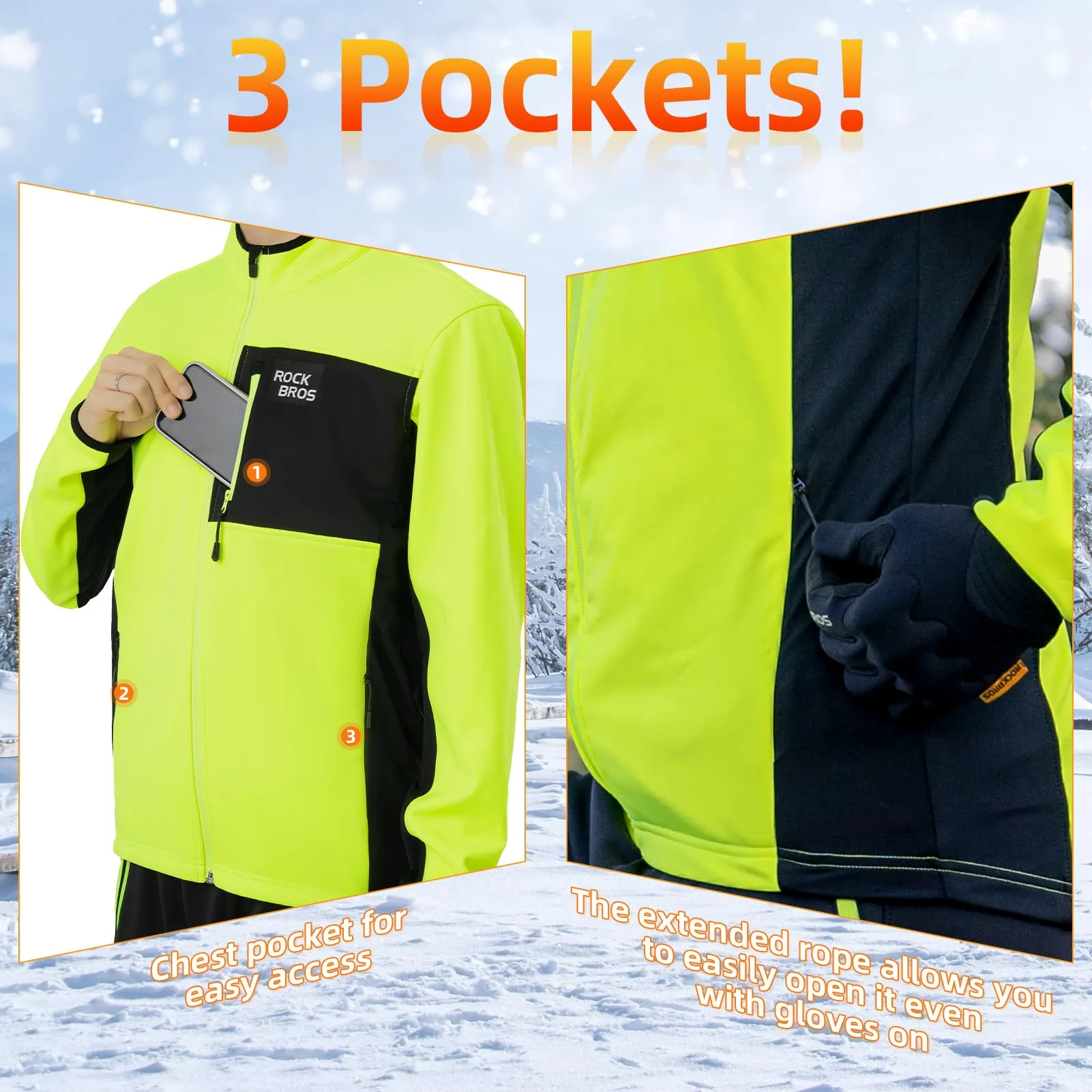 ROCKBROS Cycling Thermal Bike Jackets Winter Warm UP Breathable Windproof 3 Pockets