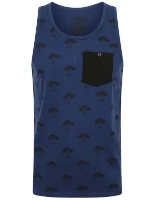 Shade Palm Print Vest Top with Chest Pocket In Blue Depths - South Shore