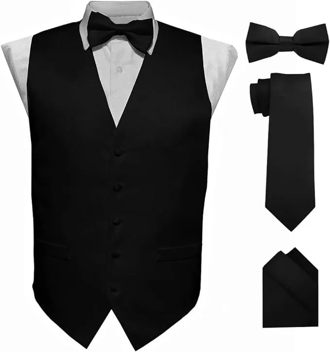 Vittorio Farina Men's Satin Vest, Necktie, Bow Tie and Pocket Square Set (Black Back)