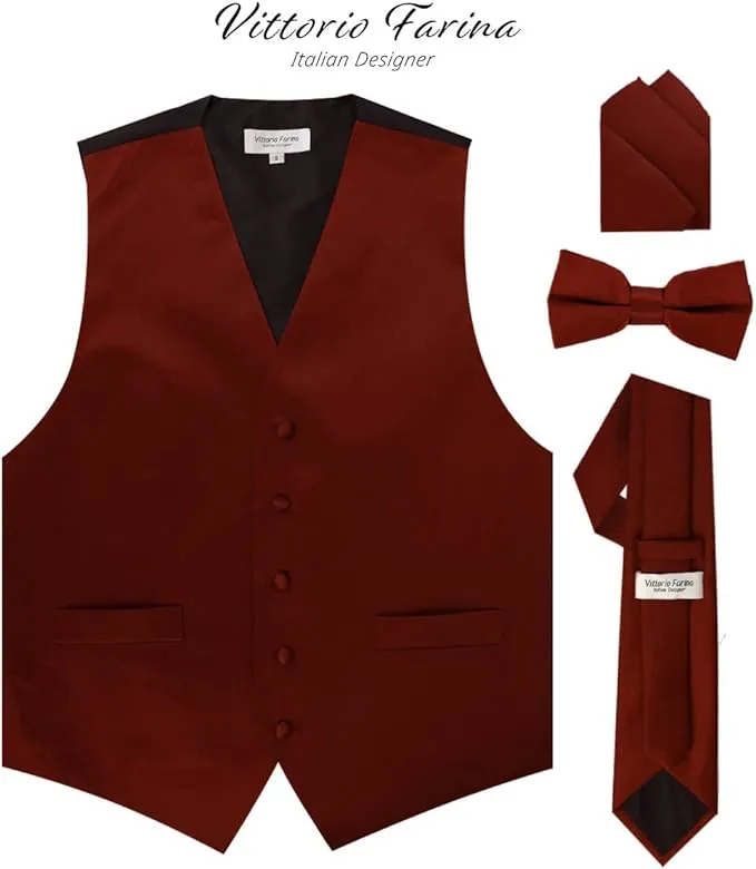 Vittorio Farina Men's Satin Vest, Necktie, Bow Tie and Pocket Square Set (Black Back)