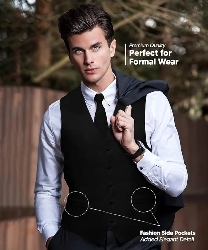 Vittorio Farina Men's Satin Vest, Necktie, Bow Tie and Pocket Square Set (Black Back)