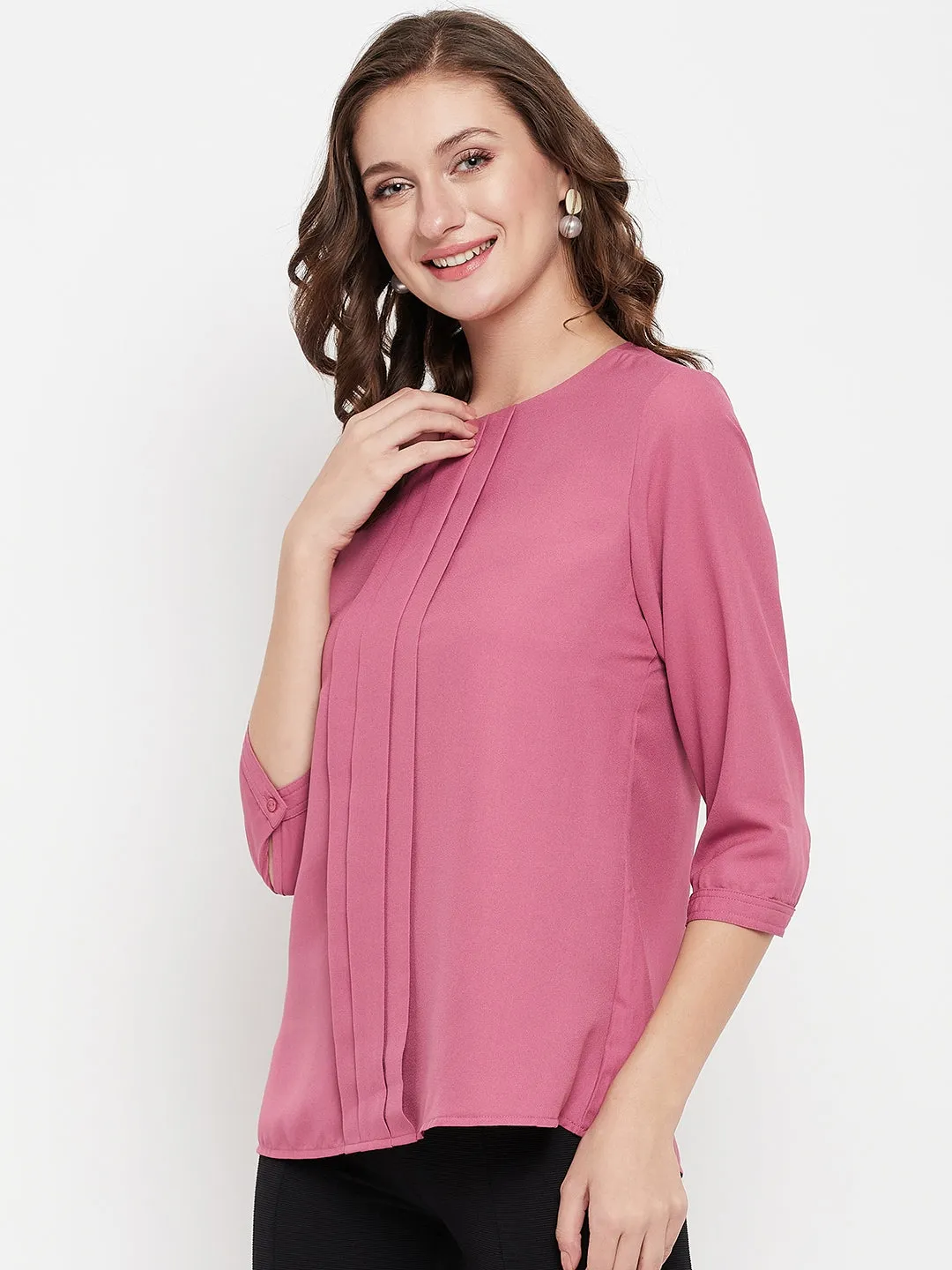 Women's Casual  Pink Solid Round neck Top