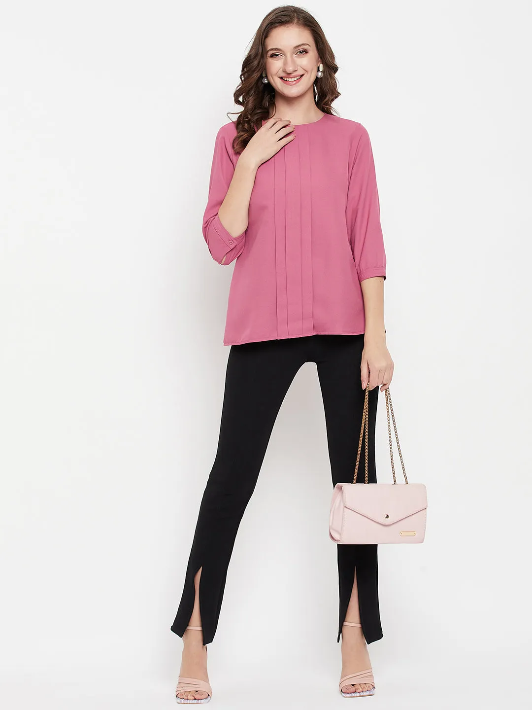 Women's Casual  Pink Solid Round neck Top